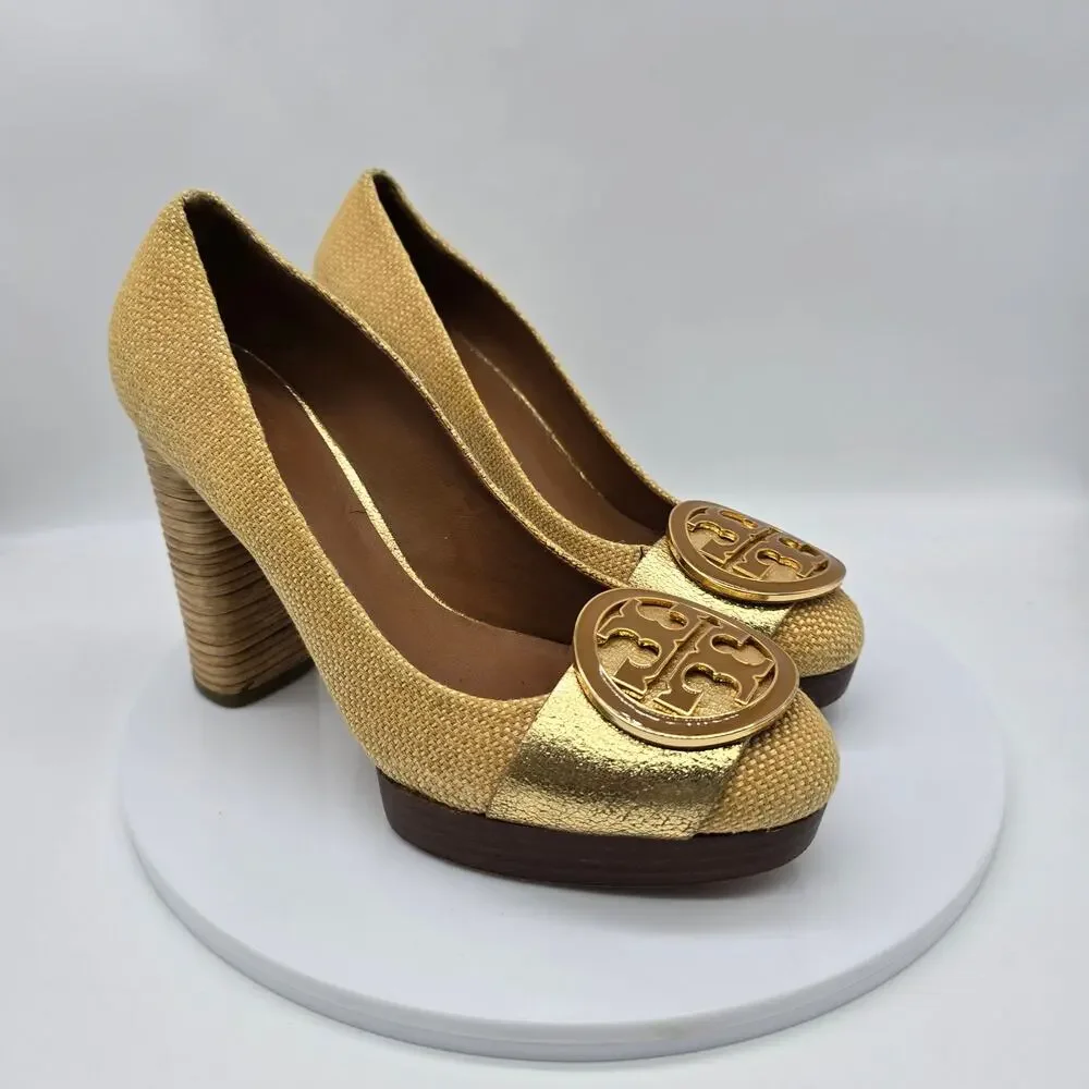 Tory Burch Women's Platform Block Heel Pumps Shoes Evening Party Gold Size 9M
